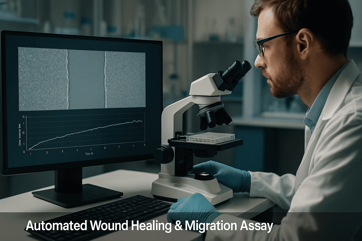 Advanced microscope used for wound healing research and migration analysis in a laboratory setting.
