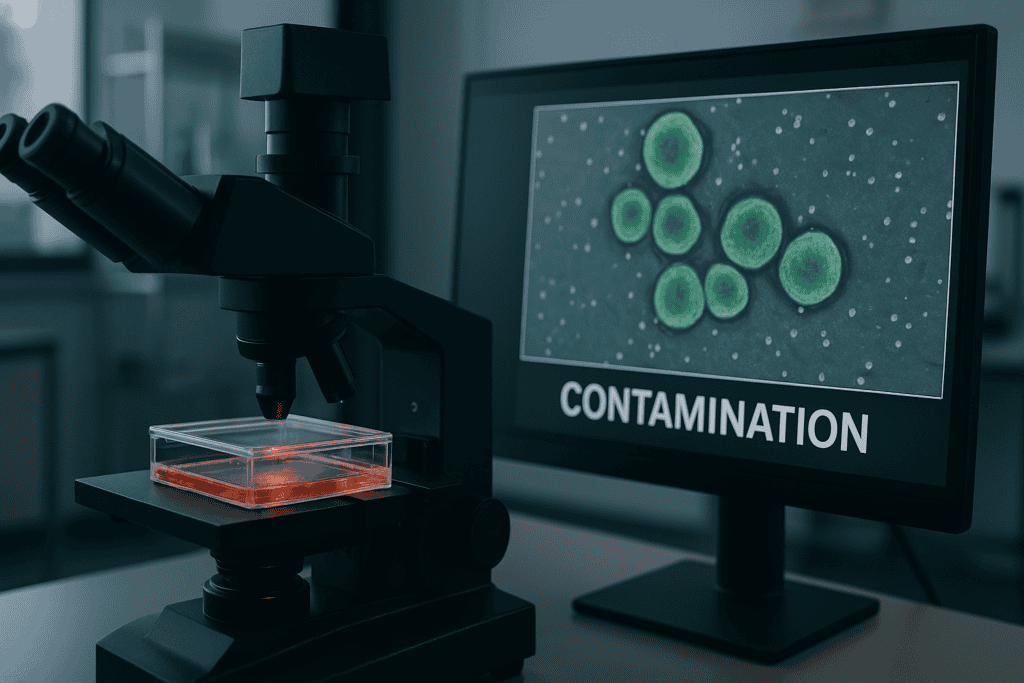Microscope analyzing contamination with bacteria on a slide in a laboratory setting.