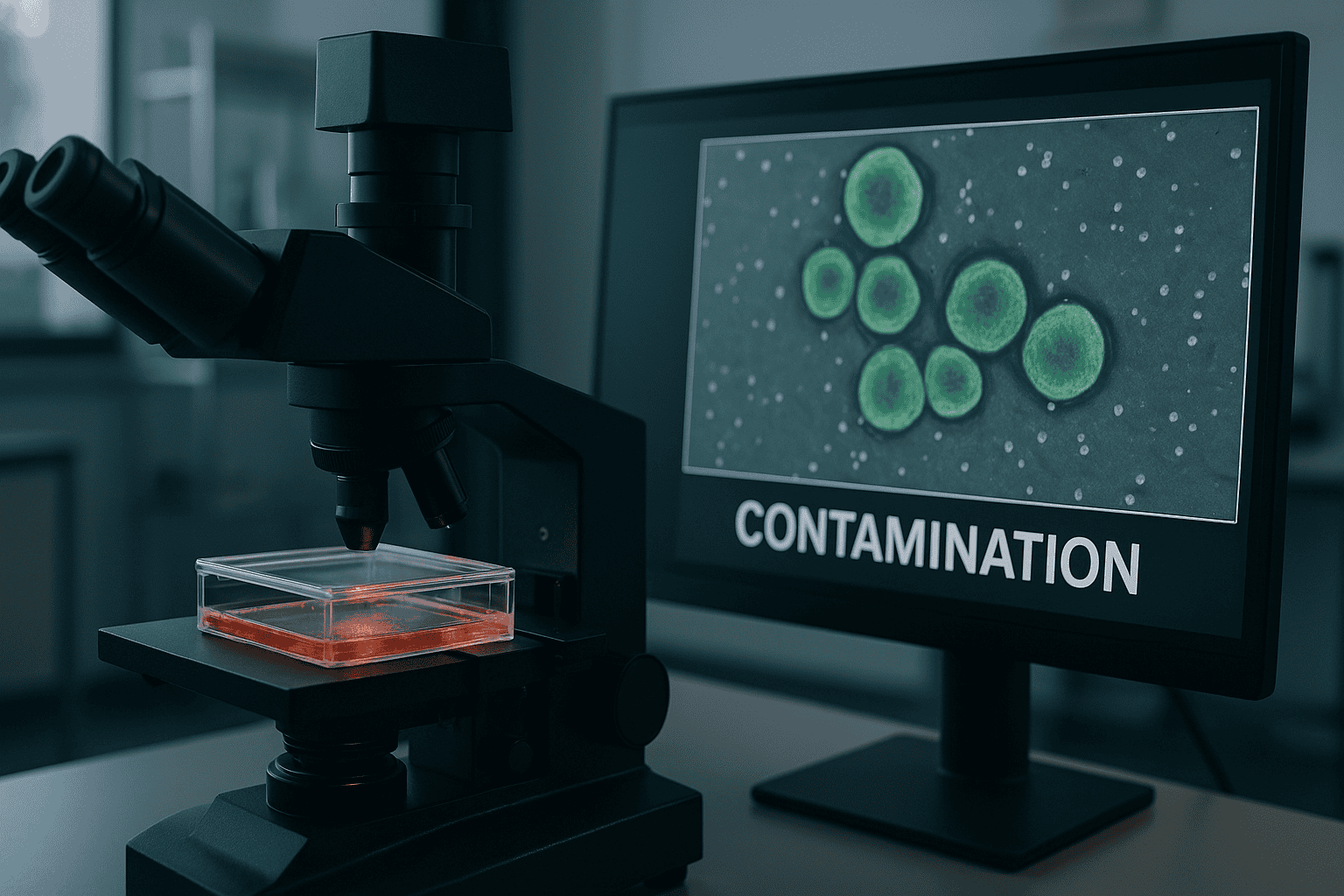 Microscope analyzing contamination with bacteria on a slide in a laboratory setting.