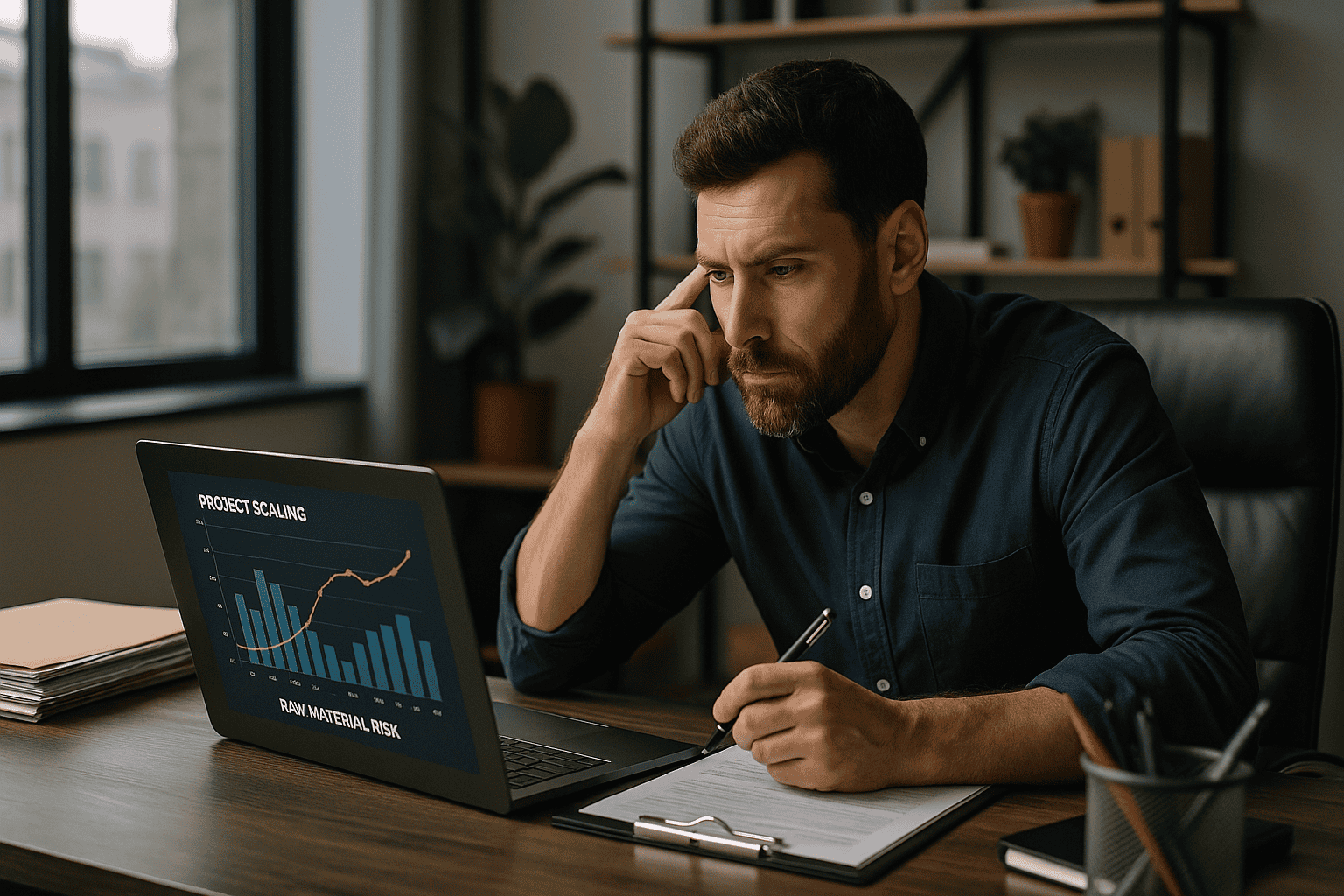 Thoughtful businessman analyzing data on a laptop in a modern office setting.