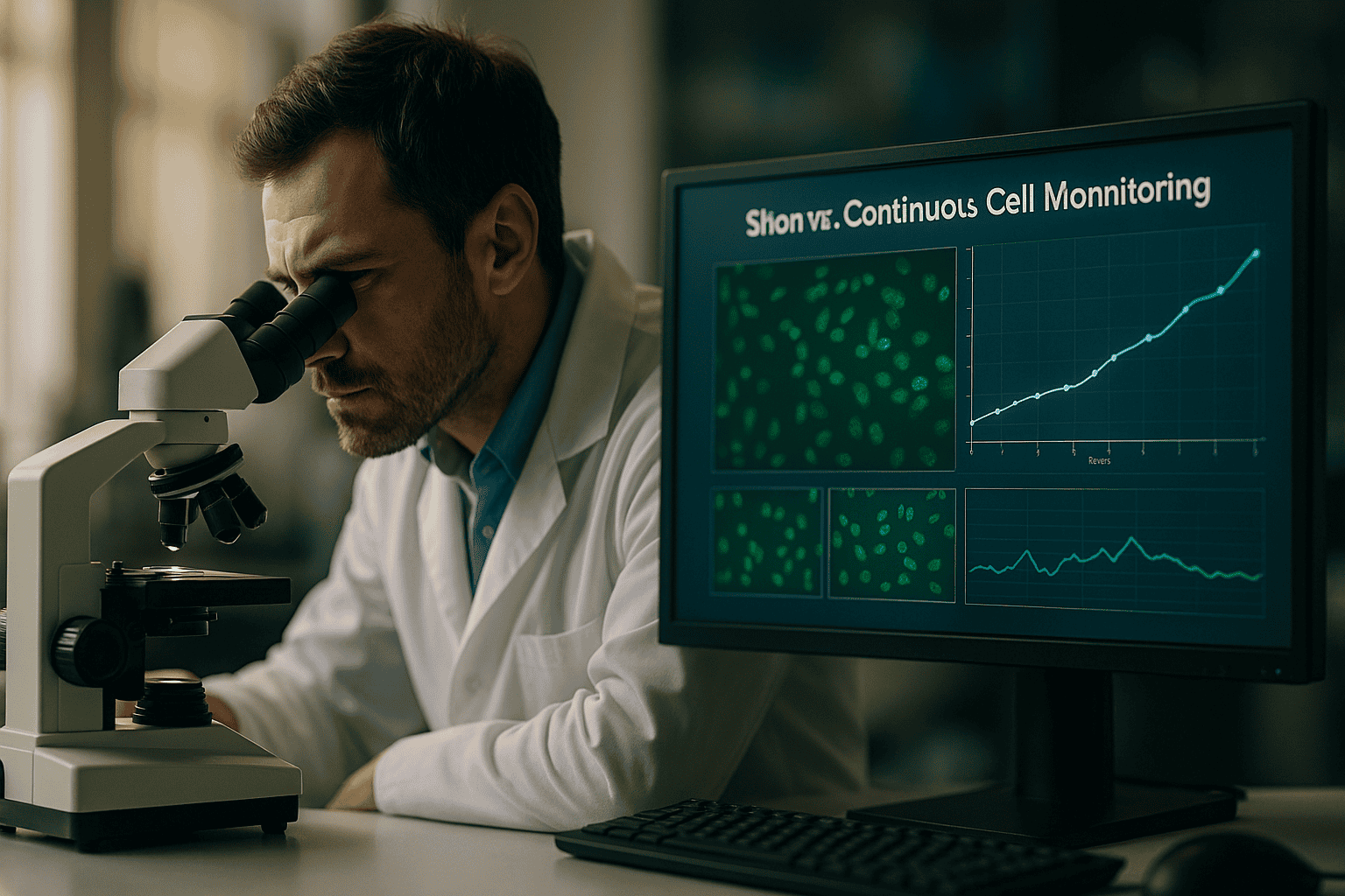 Scientifique de haute technologie analysant des données de surveillance cellulaire avec un microscope et un écran numérique pour le biomédical.