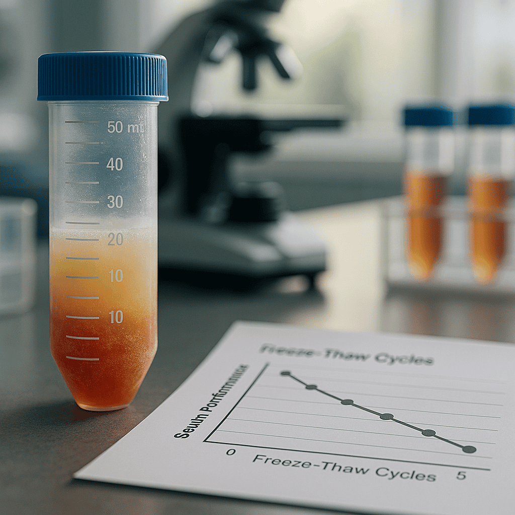 Laboratory test tube with orange liquid in scientific research setting.