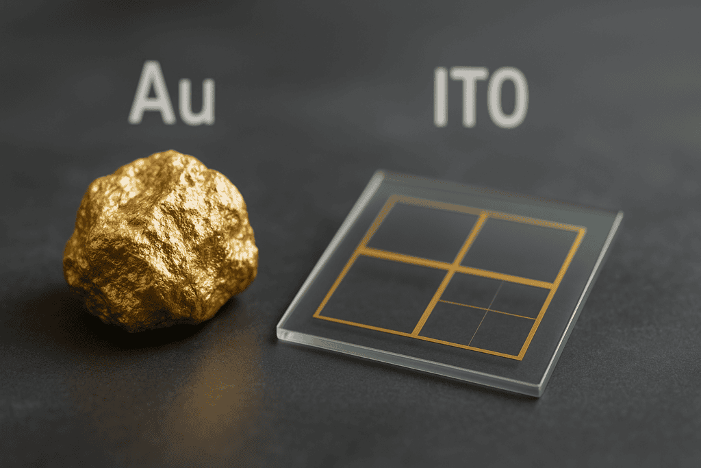 Gold nugget and ITO solar cell with chemical symbols Au and ITO on dark background.