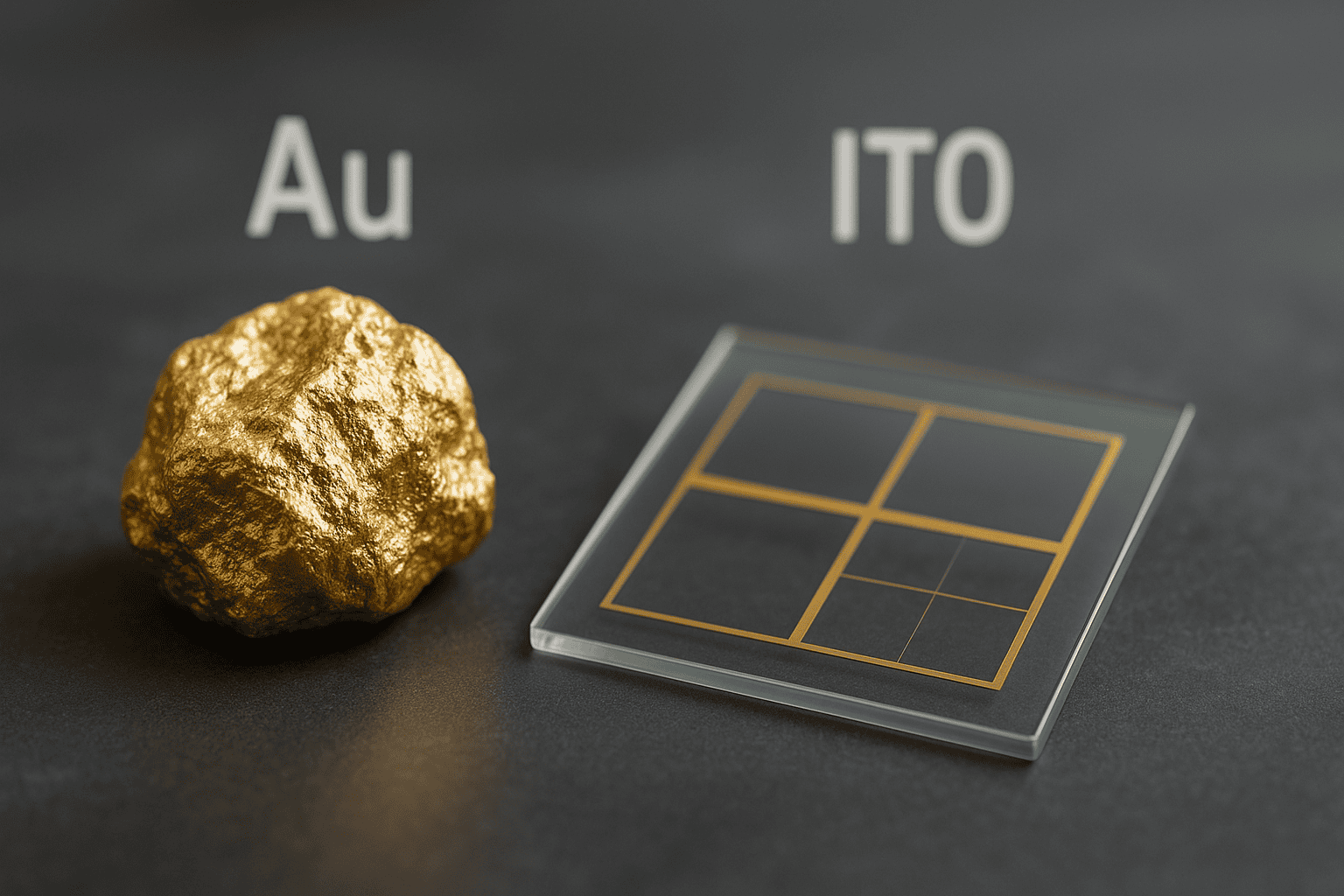 Gold nugget and ITO solar cell with chemical symbols Au and ITO on dark background.