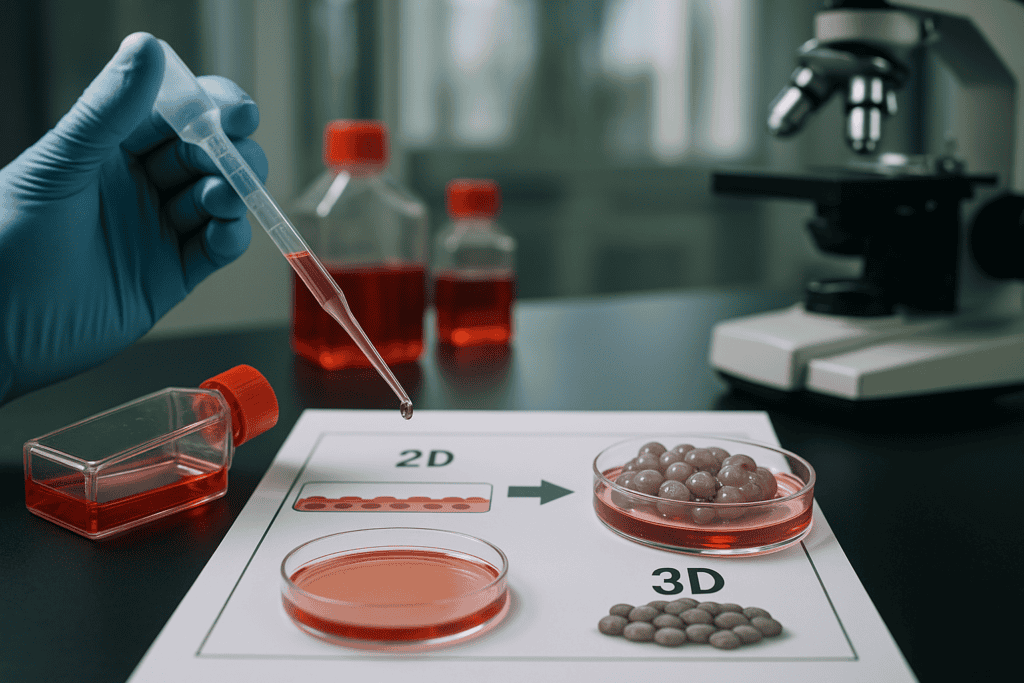 Laboratory scientist using pipette for 2D and 3D cell culture experiments with petri dishes and micr.