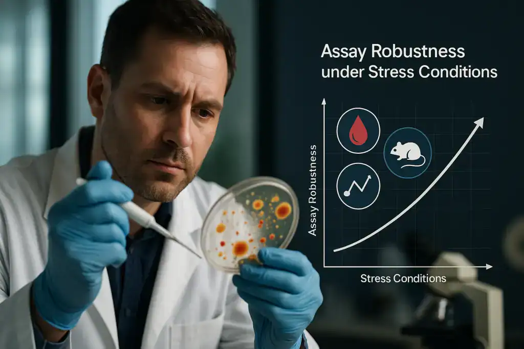 Scientific researcher analyzing bacterial culture under stress conditions, emphasizing assay robustn.