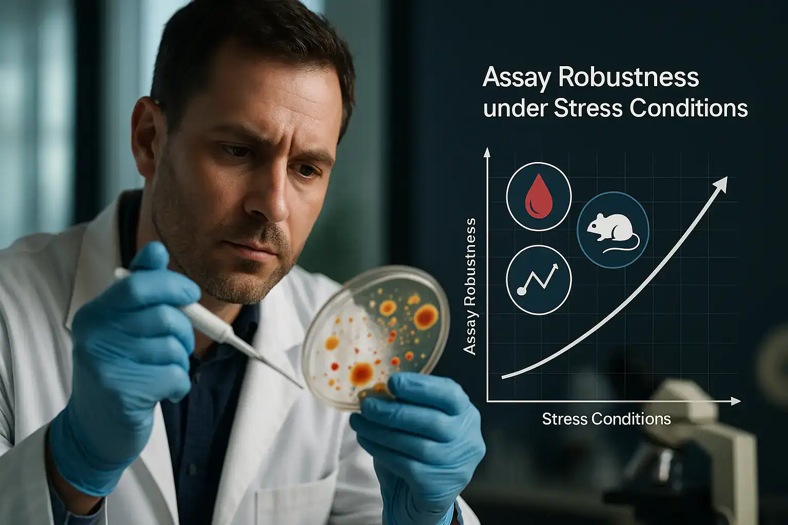 Scientific researcher analyzing bacterial culture under stress conditions, emphasizing assay robustn.