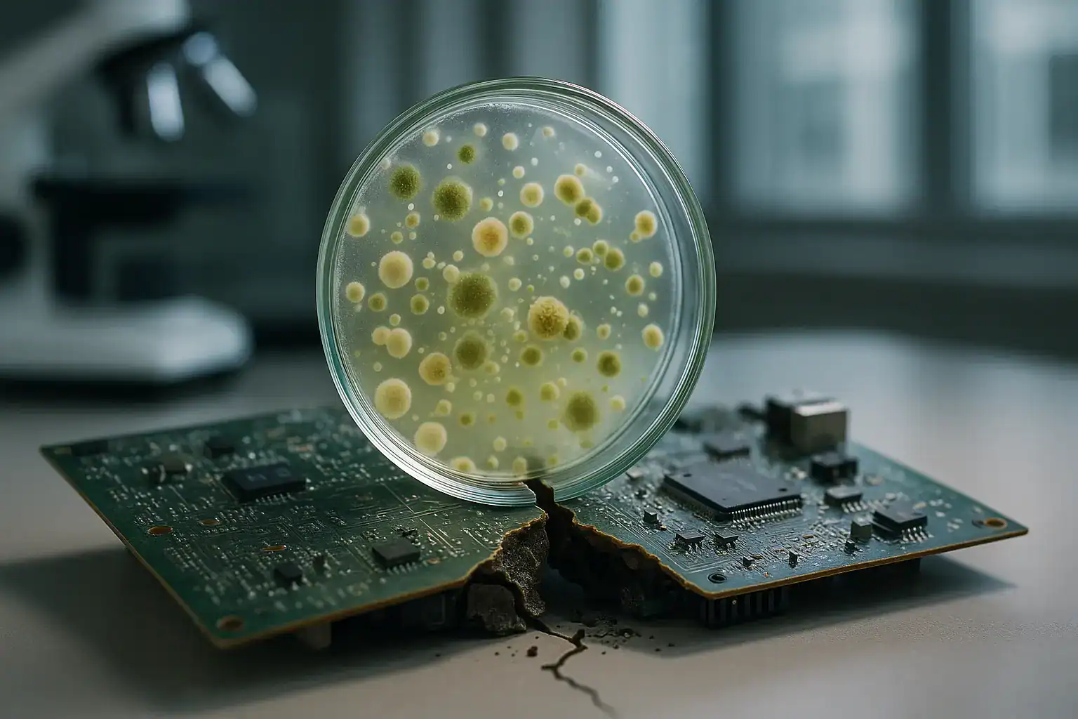 Placa de circuito electrónico mohosa con crecimiento bacteriano, advertencia de peligro para la salud.