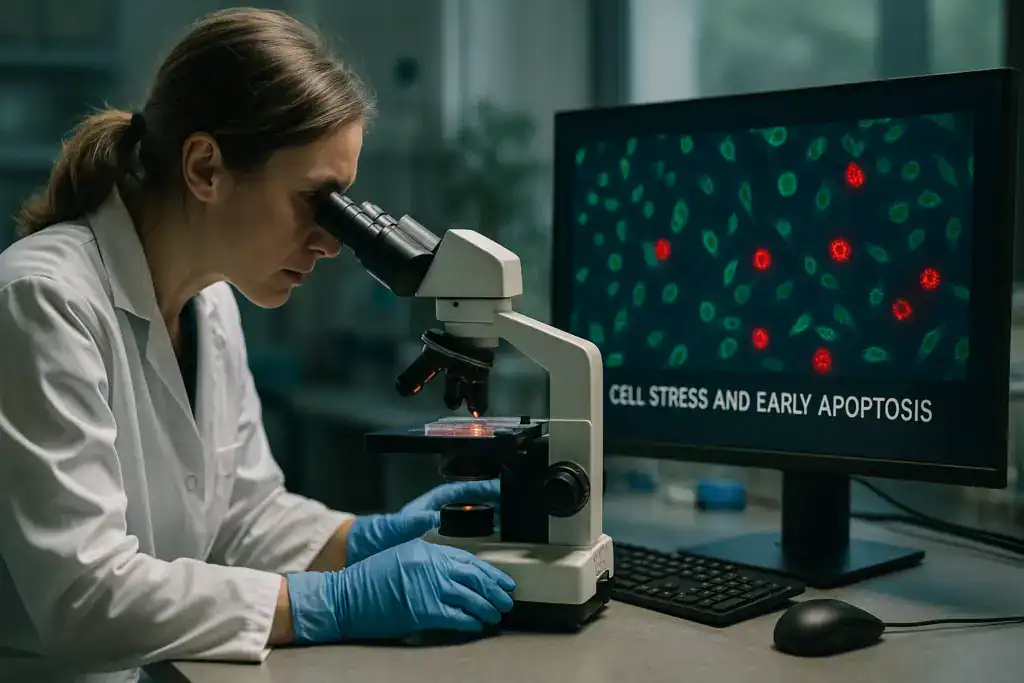 High-resolution image of a scientist examining cells through a microscope in a laboratory setting.