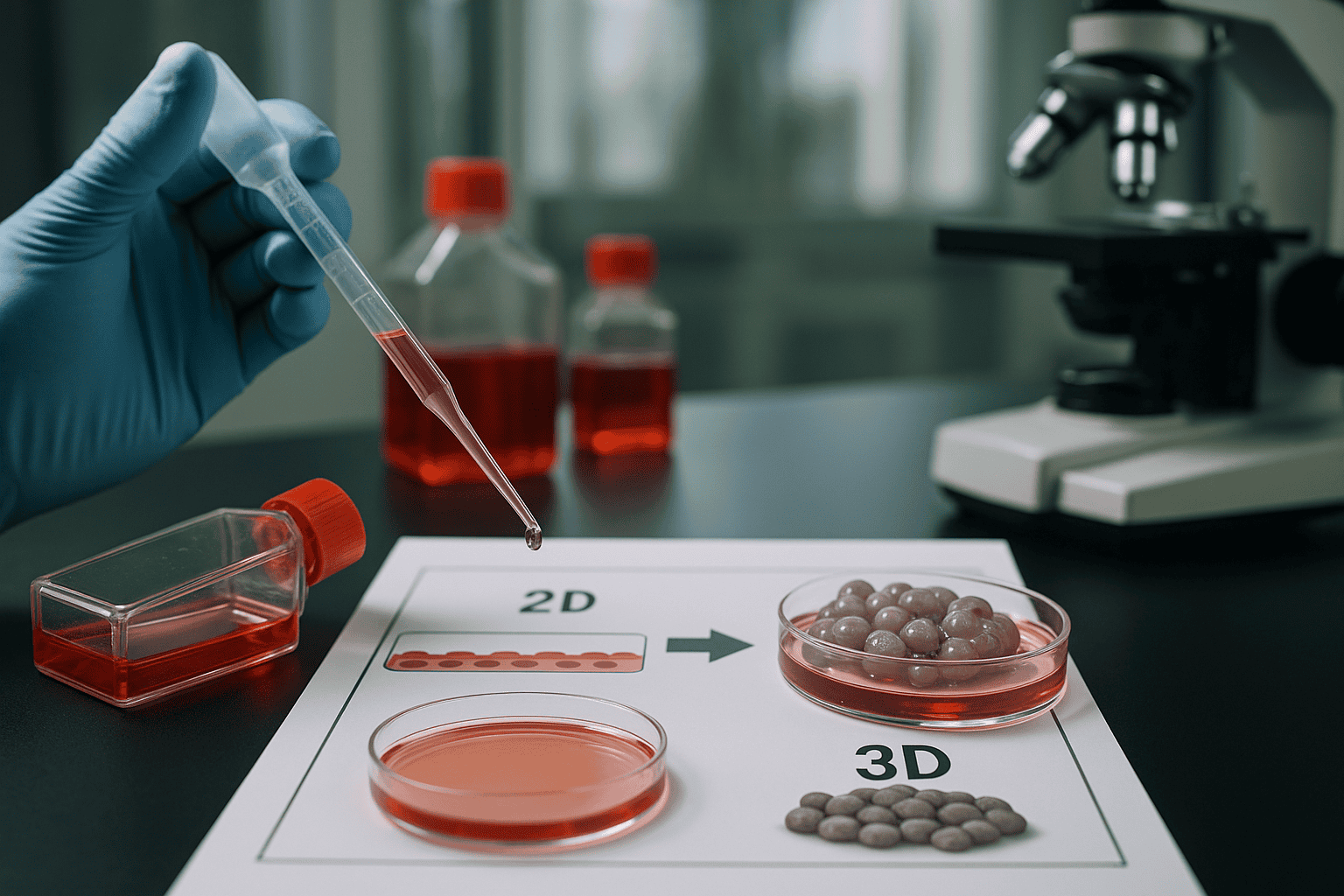 Laboratory scientist using pipette for 2D and 3D cell culture experiments with petri dishes and micr.