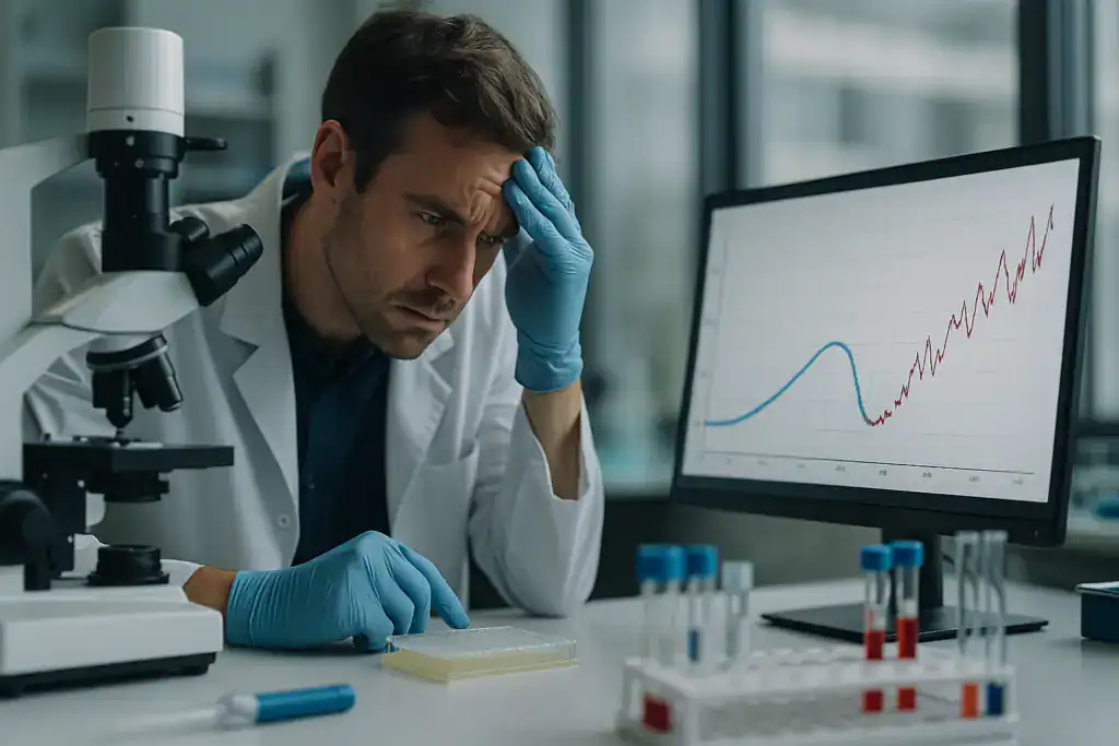 Scientist worried about data trends in laboratory with microscope and test tubes.