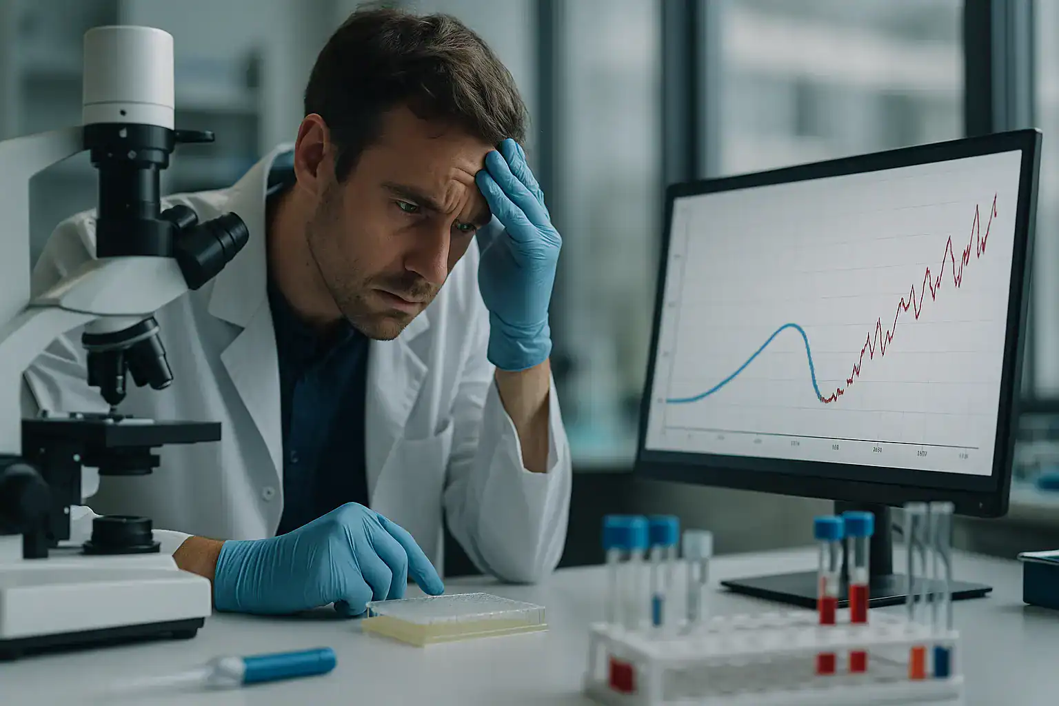 Scientist worried about data trends in laboratory with microscope and test tubes.