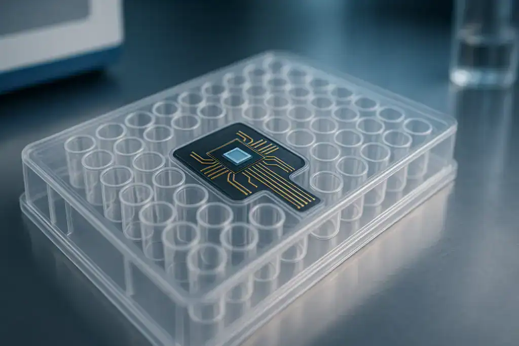 ZenCELL owl microchip in transparent testing container for biotech applications.