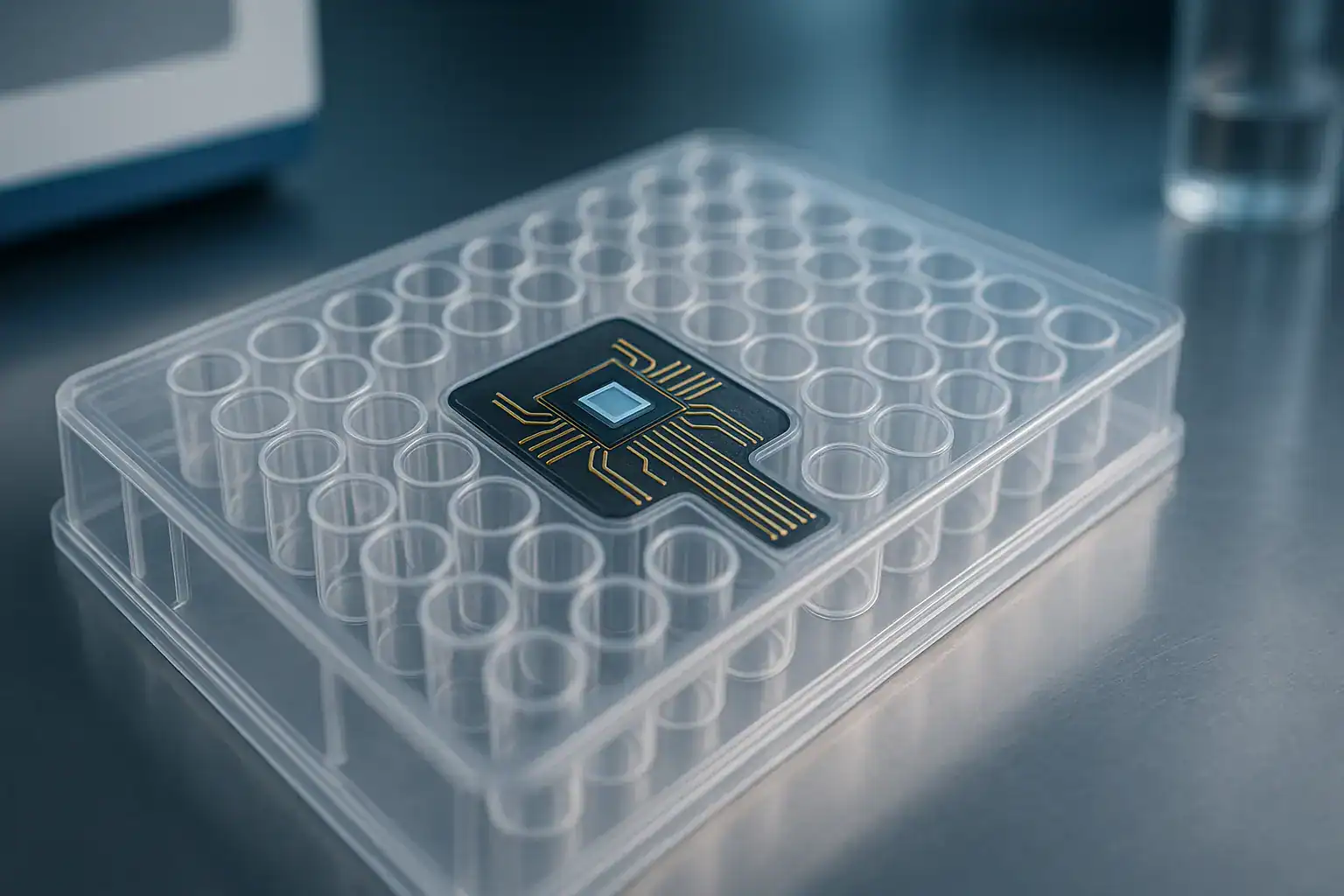 ZenCELL owl microchip in transparent testing container for biotech applications.