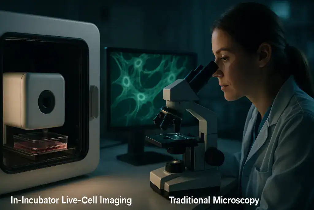 High-tech laboratory scientist examining live cell images with microscope and incubator for biomedic.