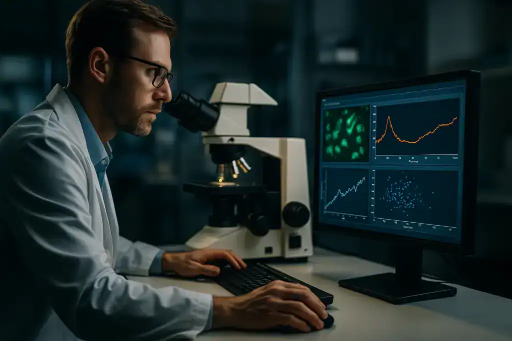 High-tech scientist analyzing data with microscope and computer in a laboratory setting.